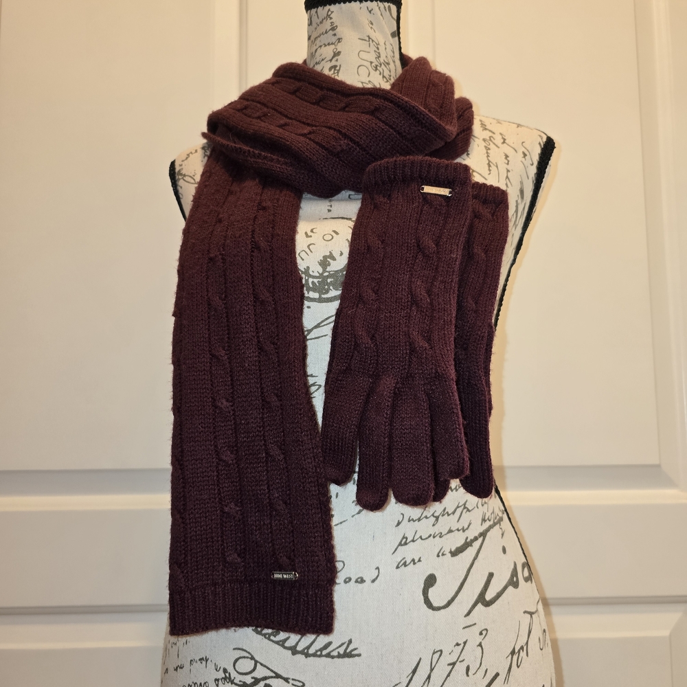Nine West Knit Scarf & Mittens Burgundy